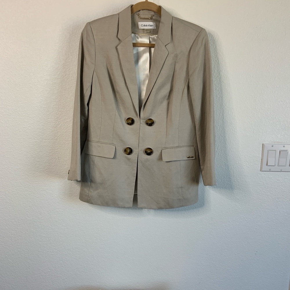 Calvin Klein Taupe Double-Breasted Blazer with Tortoiseshell Buttons